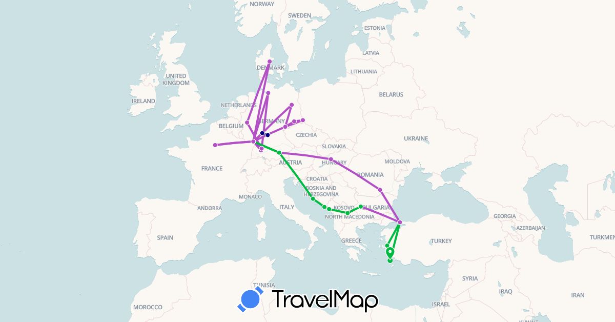 TravelMap itinerary: driving, bus, train in Bulgaria, Germany, Denmark, France, Croatia, Hungary, Montenegro, Macedonia, Romania, Turkey (Asia, Europe)